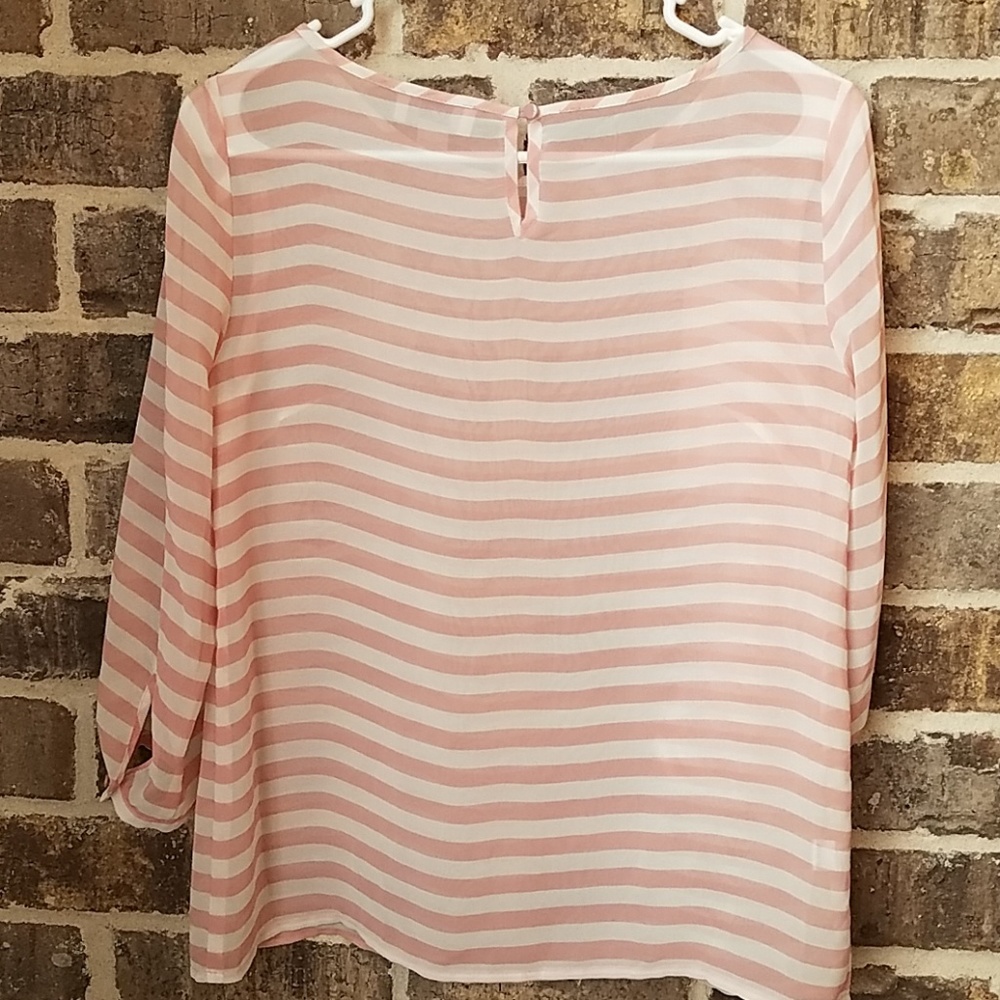 ❤Loft Petite XSP Sheer Pink and White Striped Top - Picture 4 of 6